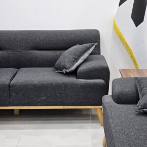 A minimalist interior featuring a stylish gray sofa with modern decor elements.